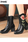 New Boots Women Ethnic Flower Embroidery Autumn Winter Women Ankle Boots High Heels Boots Comfy Ladies Shoes Botas De