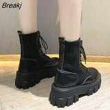 Leather Black Flat High Platform Women Fashion 2023 Non-slip Wear-resistant Sole Ankle Boots Ladies Stretch Shoes