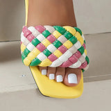 Mix Color Woven Summer Slippers Women 2023 New Square Toe Flat Sandals Woman Plus Size Non Slip Beach Slides Flip