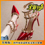 Breakj Fine Heel Shoes 2025 New Three-Ring Rivet Shallow Single Shoe Buckle Wearing Anti-Slip Work