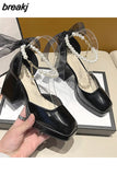High Heels Elegant Bow Square Toe Black Fashion Women's Pumps Thick Heel Wedding Party Pearl Lace Wedding Shoes for
