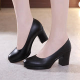Work Shoes Black Job Interview Formal Dress Round Head Thick Heels Large Size 40-43 Women's Single