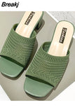 Women Slippers 2023 Summer Closed Toe Comfort Slippers Women Fashion Fly Weave Outdoor Sandals Women Medium Heel