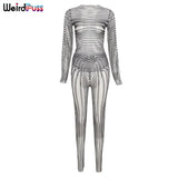 Puss Sexy Mesh Striped 2-Piece Set Women Long Sleeve Crop Top+Skinny Pants Autumn Stretch Matching Trend Streetwear
