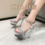 Summer Sequins With Ultra High Heel Transparent Bottom Crystal Thick Heel Women's Single Shoes Sandals Wedding Bridesmaid Moon