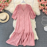 New Summer A Line V Neck Hollow Out Single Breasted Women Mid-Calf Dresses Casual Solid Short Lady