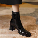Breakj Zi Yan Paint Leather Martin Boots Women's High Heel 2023 Autumn And Winter New Square Head Thick Heel Single Boots Show Thin Short Leg