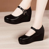 Size 32 33 34 Ankle Buckle Platform Shoes Medium Heels Office Dance Shoe 2021 Spring Fall Wedges Pumps