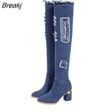 Womens Denim Boots Over The Knee Pointed Toe Thick High Heels Shoes Woman Casual Tassel Cut Out Jeans Long Botas