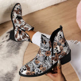 Printed Cowboy Boots for Women 2023 Autumn Winter Pu Leather Ankle Boots Woman Slip On Thick Heels Chelsea Botines