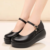 Breakj Skin Round Head Heel Slope And Shallow Mouth Single Shoes Waterproof Table Casual Leather Shoes Buckle With Loose Cake Thick-Soled Shoes Women