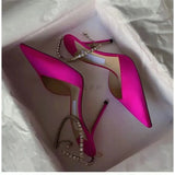 Kmeioo Elegant Wedding Shoes Woman Ankle Strap Sandals Jewel Thin Heels Brideshoes Pointed Toe High Heels Slingback