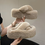 Breakj Thick-Bottomed Fur Slippers Women 2025 Autumn And Winter New Fashion Cross-Carrying Home Cotton