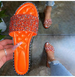 Beach Large Size 43 Rhinestone Slipper Women's Shoes Summer 2023 Sandals for Women Round Head Flat Rhinestone
