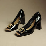 Breakj High Heel Women 2024 New Coarse Heel Metal Buckle Fashion French Single-Shoe Temperament Is Not Tired Small Leather