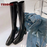 Winter New Black High Knee Length Elastic Boots Women's Lacquer Leather Side Zipper High Heels Elegant Versatile