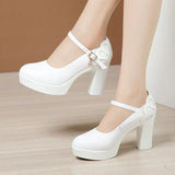 Heels, Thick Heels, Walking Shoes, Women's Leather Waterproof Table, Round Head Cheongsam Show Shoes, Black Professional Work