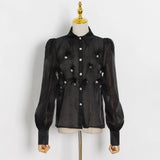 Casual Solid Shirt For Women Lapel Long Sleeve Patchwork Feathers Button Through Blouse Female Fashion Clothing