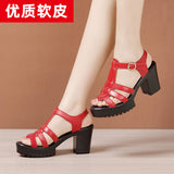 Summer New Thick-Soled Sandals, Women's Leather Waterproof Platform, High Heels, Thick Heels, Red Full-Size Fish Mouth