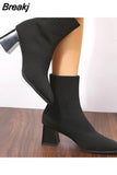 Women Elastic Knitted Socks Boots Woman Slip on Stretch Fabric Ankle Boots Autumn Fashion Square Toe Thick High