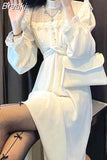 Lace Vintage Dress Women Fashion Puffer Sleeve Elegant One Piece Dress Korean 2023 Spring High Street Slim Midi Dress