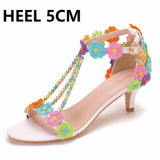 Queen High Heels 9CM 7CM 5CM Wedding Sandals Women Open Toe Strap Evening Party Summer Lace Flowers Pearl Tassel