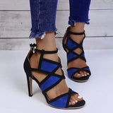 Design Women Fashion Peep Toe Patchwork Colors Thin Heel Sandals Pink Blue Strap Cross High Heel Sandals Dress