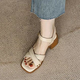 Breakj Summer New Retro French Coarse Sandals Female Exposed Toe Soft Leather Heel Cross Roman
