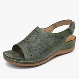Breakj Summer New Large-Size Slope Heel Sandals Women Hollow Flat Heded Toe Buckle With Retro Hole