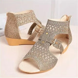 Women's Sandals Summer Golden Zipper Sandal Open Toe Gladiator Hollow Low Heel Sandals Bling wedges Pumps Ladies'