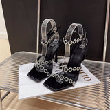 Roman Rhinestone Chain High Heel Square Head Super High Heels Banquet Shoes Walk Show Female