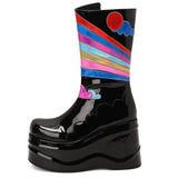 Female Motorcycle Boots Goth Brand Women Motorcycle Boots Round Toe Lace Up Thick Heel Wedges Platform Punk