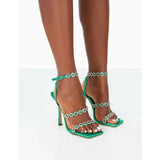 Roman Rhinestone Chain High Heel Square Head Super High Heels Banquet Shoes Walk Show Female