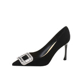 Buckle Diamond Black High Heels Women's 2023 Spring And Autumn New Professional Pointed French