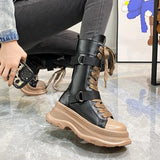 Platform Motorcycle Boots Women Autumn Winter PU Leather Mid Calf Boots Woman Punk Thick Bottom Combat Botas Mujer
