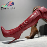 Big Size 43 Solid Slip On Pointed Toe Thigh High Boots Thin High Heel Sexy Women Boots Luxury Party Dress Winter