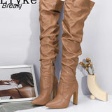 Fashion Design Pleated Leather Over The Knee Boots Sexy Pointed Toe Zip White High Heels Autumn Winter Women