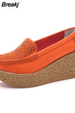 Leather Wedge Platform Shoes Ladies Slip On Crystal Flat Shoes High Heel 7cm Thick Sole Shallow Flats Casual