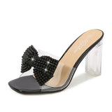 Fashion Girl Bow Crystal Slippers Sexy Transparent Dress Heel Shoes Summer Pearl Bowknot Design 2023 Elegant Party