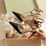 Breakj Fine Heel Shoes 2025 New Three-Ring Rivet Shallow Single Shoe Buckle Wearing Anti-Slip Work