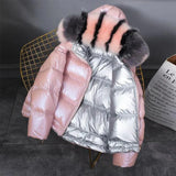 Winter Jacket White Duck Down Parkas Women Gold Silver Double Side Coat Big Aritificial Fur Hooded Female Down