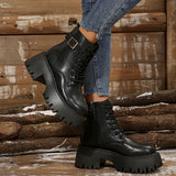 Breakj Front With Side Zippered Women's Boots Thick-Bottomed Belt Buckle Fashion Women's Boots Low-Clinular Round Head Black Martin