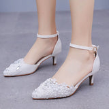 Breakj Cm Large-Size Sandals Fine-Heeled White Lace Water Diamond Wedding Shoes In The Pearl Bridal Dress