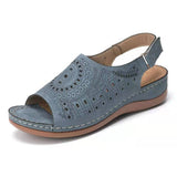 Breakj Summer New Large-Size Slope Heel Sandals Women Hollow Flat Heded Toe Buckle With Retro Hole