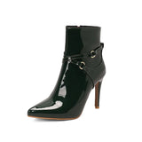 High Heels Boots Women Ankle 2023 New Glossy Patent Leather Stilettos Pointed Toe Cross Bandage Zip Plus Size 34-50