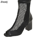Summer New Fashion Mesh/mesh Fish Mouth Short Tube High Heels Hollow Women's Breathable Riding Boots Thick Heel