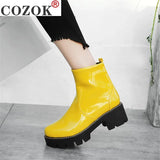 Leather Punk Combat Boots for Women Candy Color Purple Yellow Chunky Thick
