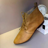 Breakj Pointed Little Short Boots Flat Boots Female Spring And Autumn Single Boots British Style Soft Leather Ankle Boots Soft Bottom Lace-Up