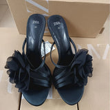 Breakj Home 2025 Summer New Black Fairy Wind Flowers Toe French Temperament High-Heeled Sandals