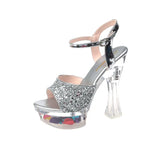 Summer Style With Flower Sequins With Ultra High Heel Transparent Bottom Crystal Thick Heel Women's Singles Shoes Sandal Wedding Bridesmaid